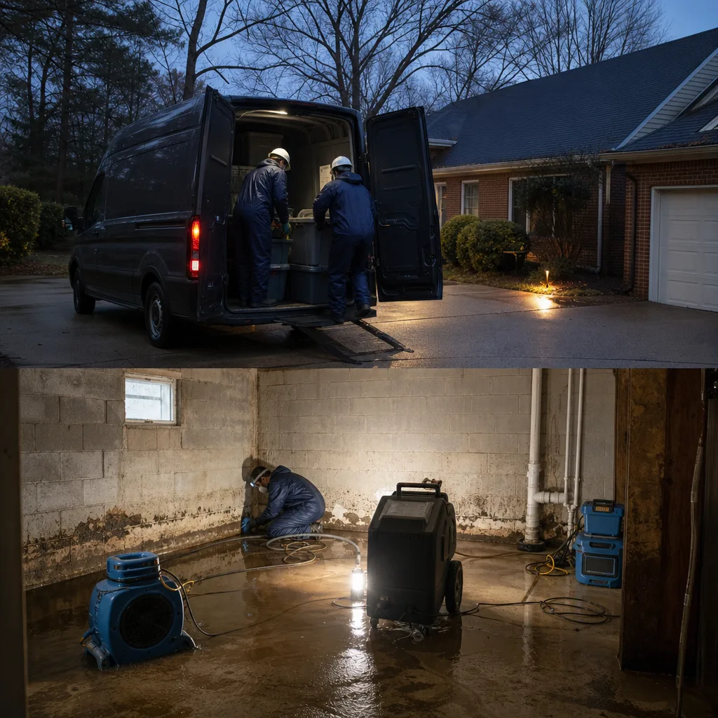 Technicians performing professional biohazard and crime scene cleanup in a flooded basement in Chamblee, GA