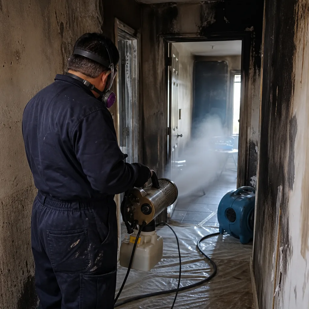Technician performing professional fire and smoke damage restoration in a damaged home