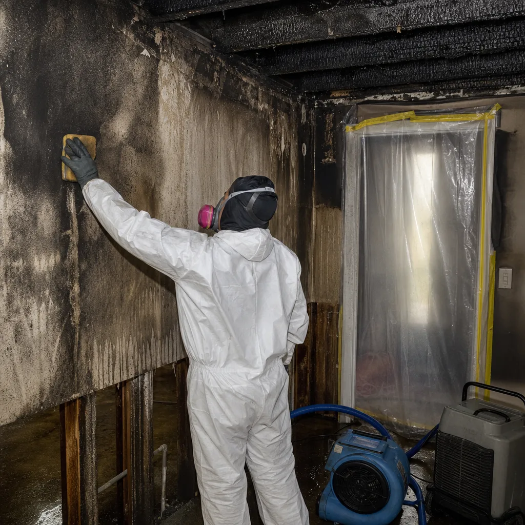 Professional fire and smoke damage restoration technician cleaning scorched wall surfaces