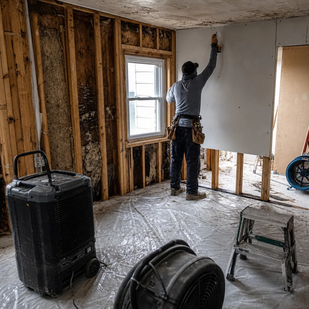 Professional contractor performing drywall reconstruction and mold remediation after water damage in Austell, GA