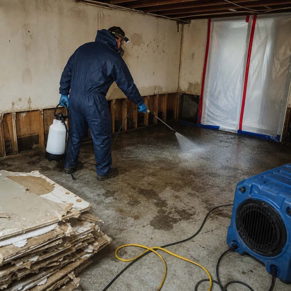 Technician in protective suit performing professional sewage cleanup on basement floor in Buford, GA