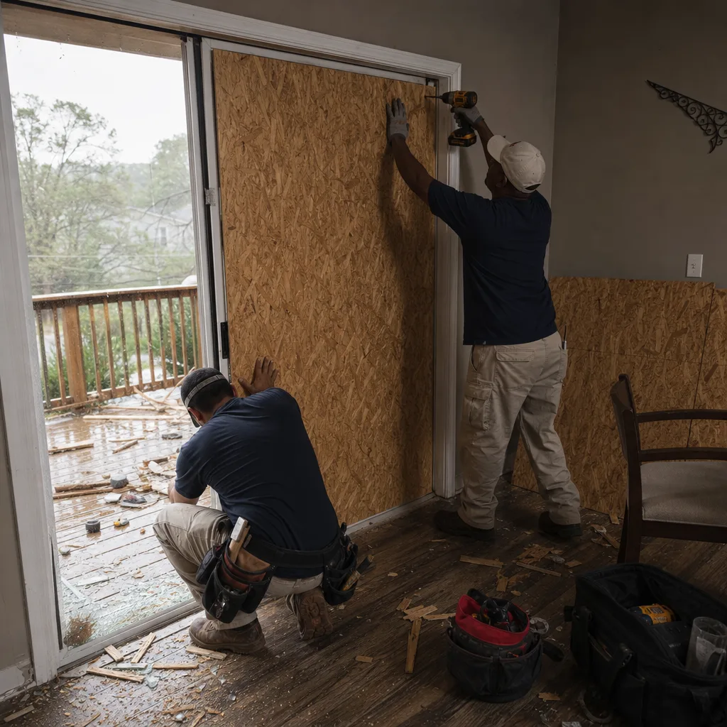 Technicians boarding up a broken glass door after storm damage in Chamblee, GA